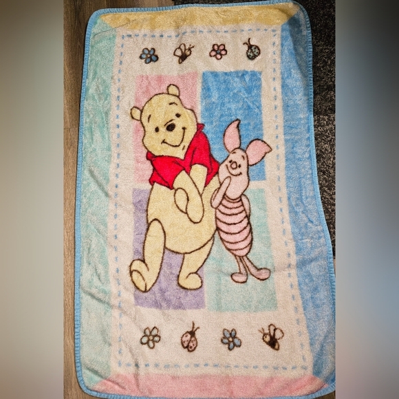 VTG Winnie the Pooh Piglet Bees Plush Blanket Fleece Pastel Colorblock 30x43 HTF - Picture 4 of 4